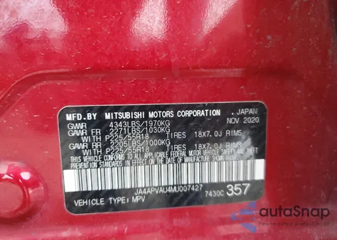 2021 Mitsubishi Outlander Sport Se из США, поврежденный, VIN JA4APVAU4MU007427